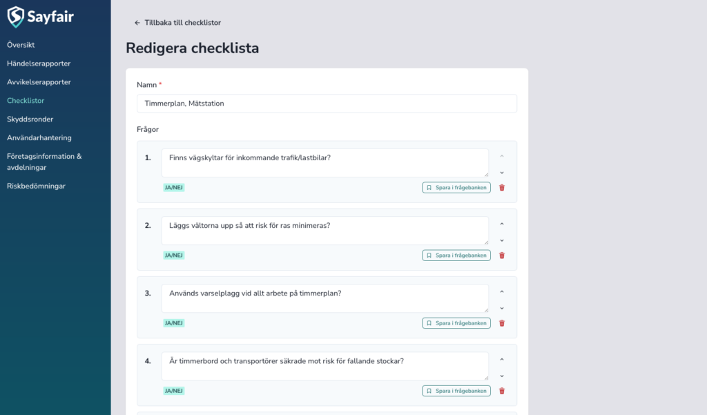 Skärmklipp från Sayfair för att skapa eller redigera en checklista