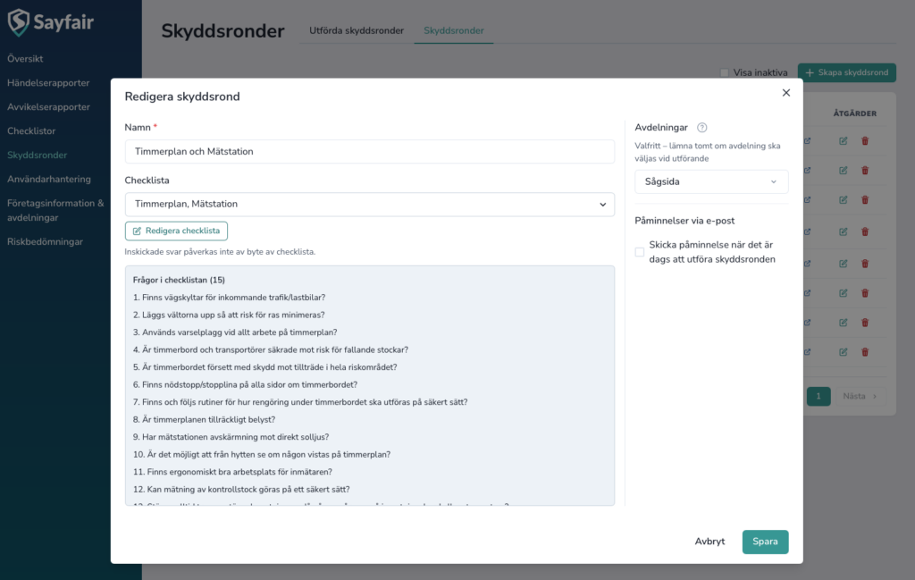 Skärmklipp från Sayfair som visar hur man skapar och ändrar skyddsronder