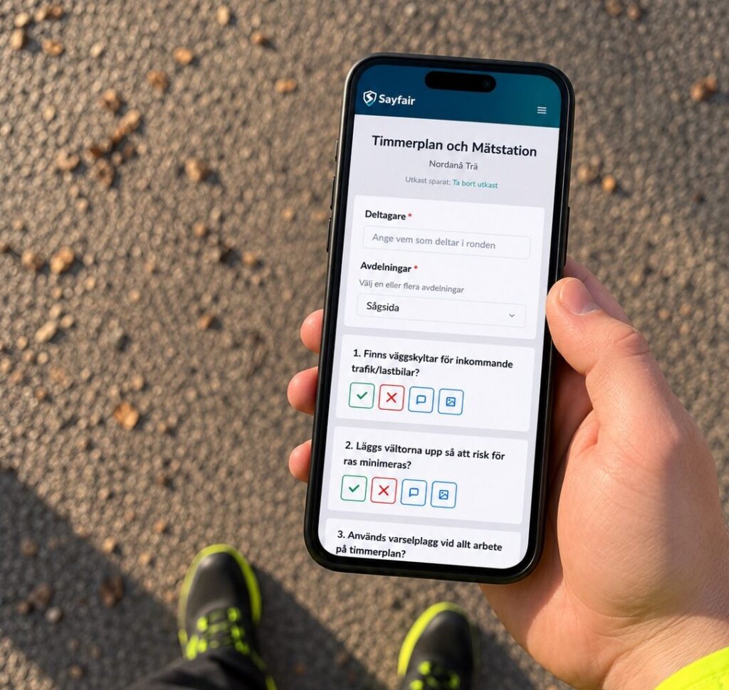 Hand som håller i en mobil och där en skyddsrond utförs i Sayfair